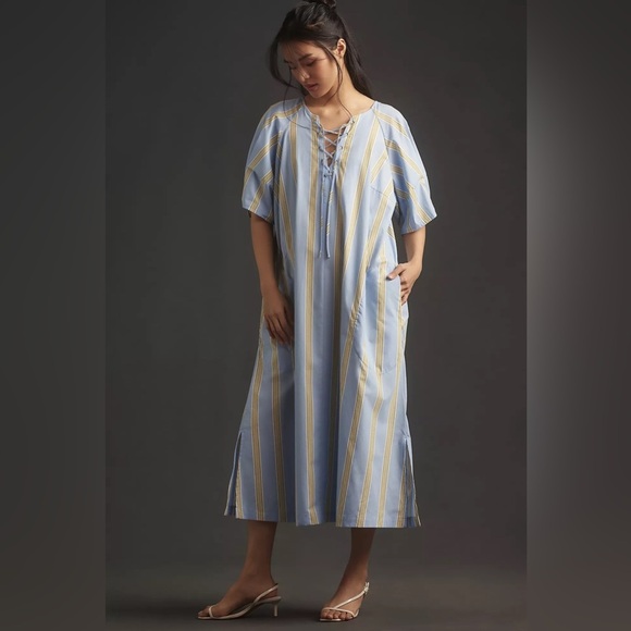 NEW Anthropologie Maeve Short Sleeve Crossover Midi Dress Stripe Blue XL NWT - Picture 1 of 10
